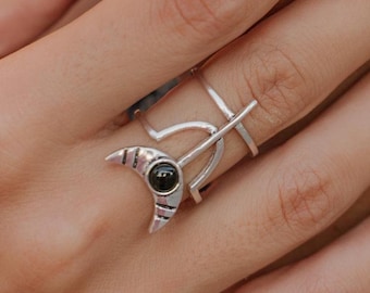 Atypical Pluto Sign Adjustable Gemstone Ring | Natural Gemstone Boho Stone Jewelry | Mystical Brass Ring