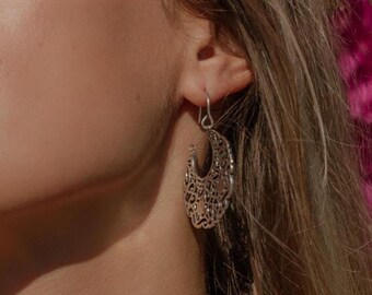 Boho Brass Filigree Earrings | Oriental Ethnic Jewelry | Bohemian Crescent Earrings | Tribal Brass Earrings | Gypsy Style Jewelry