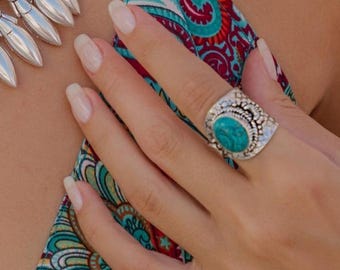 Boho Ethnic Wrap Around Ring | Silver Tone Adjustable Brass Ring with Oval Stone