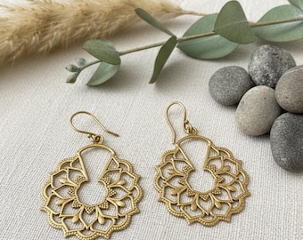 Boho Mandala Dangle Earrings | Oriental Ethnic Brass Earrings | Sacred Geometry Drop Earrings | Tribal Festival Jewelry