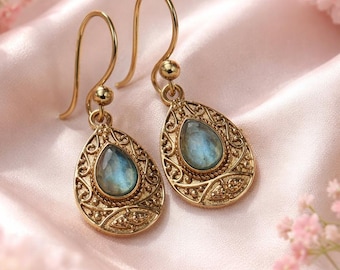 Boho Teardrop Earrings | Ethnic Brass Gemstone Earrings | Oriental Drop Jewelry | Nomadic Bohemian Earrings | Handmade Brass Jewelry