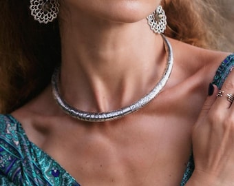 Silvered Brass Ethnic Chocker With Baroque Ethched Patterns Inspired By Viking Torque || Hollow Tubular Rigid Tribal Necklace