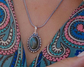 Handmade Silver Brass Oval Pendant | Natural Gemstone Medallion
