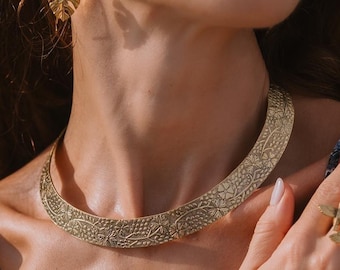Brass Modern Flat Brass Choker Embossed With Floral Patterns || Rigid  Ethnic Torque necklace Etched With Oriental Patterns