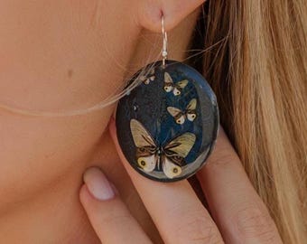 Butterfly Disc Earrings | Vintage Print, Brass Boho Jewelry