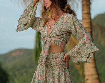 Bohemian Chic Wrap Floral Top || Umbrella Sleeves Fluid Top || Liberty Print Crop Top || Long Sleeves Top