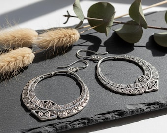 Boho Tribal Hoop Earrings | Ethnic Oriental Brass Earrings | Tribal Dangle Earrings | Festival Statement Jewelry