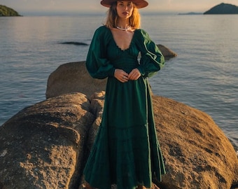 Long Bottle Green Bohemian Dress With Ruffles ||  Plain Cotton  Medieval Dress || Fitted Maxi Dress With Long Puff Sleeves