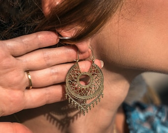 Ethnic Decorated Hoop Earrings ||  Mandala Oriental Hoops || Bohemian Openwork Hoops || Rosette Ornemental  Hoop Earrings