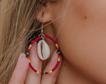 Boho Beaded Cowrie Shell Earrings | Colorful Tribal Jewelry