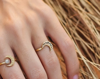 Moon Crescent Boho Adjustable Ring || Astral Bohemian Ring || Cosmic and Celestial Jewelry || Sacred Feminine Moon Phase Jewelry