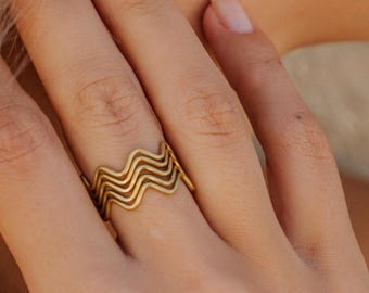 Minimaliste Chevron Adjustable Brass Ring || Geometrical Zigzag Pattern Ring ||  Large Openwork Waves Design Ring