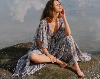 Grey Hilight With Golden Bohemian Butterfly Sleeves Maxi Dress || Open Back Paisley Print Maxi Dress || Loose Polyester Tie Back Dress