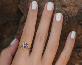 Mandala Adjustable Ring With Semi Precious Stone || Bohemian Chic Adjustable Brass Ring || Golden Ethnic Ring With Natural Stone