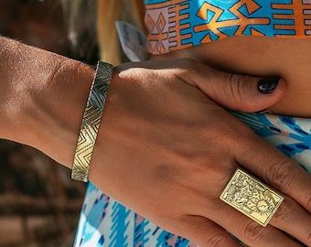 Adjustable Minimalist Decorated Cuff  Bracelet || Engraved Ethnic Bracelet || Unisex Bracelet with Tribal Patterns