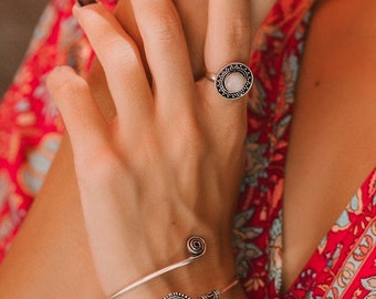 Silver Color Brass Adjustable Ring with Round Stone || Round Medieval Ring with Natural Stone || Women's Semi Precious Stone Ring