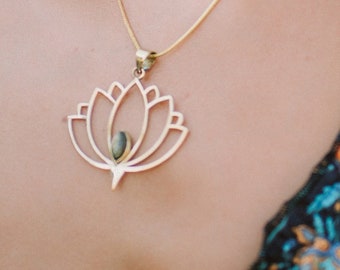 Lotus Pendant with Semi Precious Stone || Spiritual Symbol of Wisdom Pendant || Lotus Flower Pendant With Gem Stone