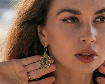 Ethnic Drop Dangle Earrings With Gemstones || Brass Filigree Earrings With Natural Stones || Medieval Style Semi Preciouse Stones Earrings