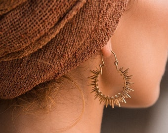 Sun Hoop Earrings || Ethnic Woman Hoop Earrings || Bohemian Serrated Earrings || Tribal  Spike Hoops || Brass Light Weight Hoop Earrings