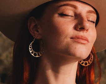 Moon Phase Hoop Earrings || Ethnic Creoles Decorated Sacred Moon Symbol || Woman Hoops Earring Powerful Symbol