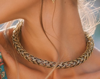 Collier Ethnique Ras de Cou en Laiton Doré || Collier Torc Doré || Collier Viking Tressé || Collier tribal