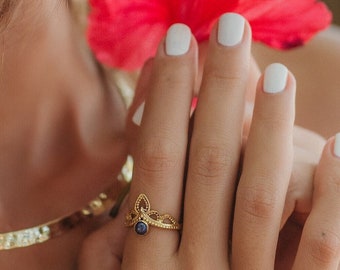 Adjustable Boho Brass Ring With Semi Precious Stone || Celtic Inspired Ring With Natural Stone || Golden Ethnic Ring With Round Stone