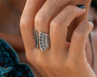 Ethnic Ring Decorated with Geometric Patterns || Boho Open Top Ring || Large Ring Engraved With Tribal Motifs