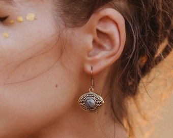 Golden Evil Eye Dangling Earrings with Semi Precious Stones || Brass Eye Earrings with Stone || Protective Earrings