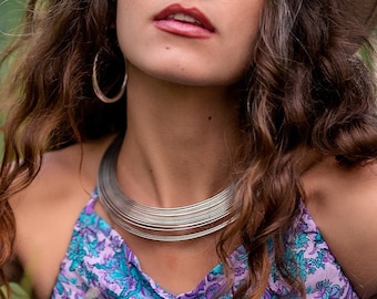 Ethnic Choker Necklace In Silver Brass || Rigid Silver Necklace || Silver Tribal Necklace || Torc Multi row Silver