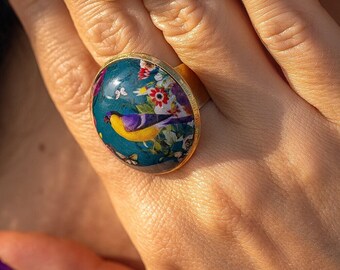 Birds Patterned Bohemian Ring || Vintage Printed Domed Ring || Large Round Brass Ring ||  Boho Jewelry