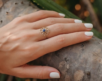 Rosette Adjustable Ring With Semi Precious Stone || Bohemian  Adjustable Brass Ring with GemStone || Mandala Ethnic Ring with Natural Stone