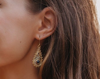 Golden  Dangling Earrings With Semi Precious Stones || Bohemian Chic Ethnic Gemstone Earrings || Medieval  Drop Earring with Natural Stones