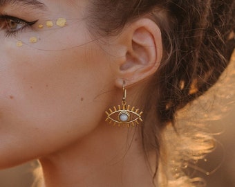 Golden Dangling  Eyes Earrings with Semi Precious Stones || Brass Turkish Eye Earrings with Natural Stone || Protective Boho Brass Earrings