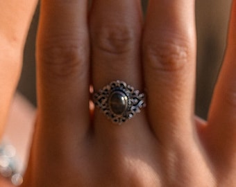 Bohemian Silvered Brass Ring Adorned with Natural Gemstone and Ethnic-Inspired Details || Adjustable Vintage Ring With Semi Precious Stone