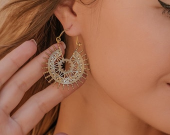 Tribal Brass Hoop Earrings with Spikes | Engraved Creole Earrings