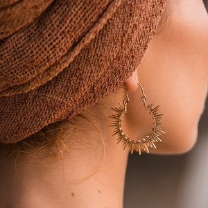 Sun Hoop Earrings || Ethnic Woman Hoop Earrings || Bohemian Serrated Earrings || Tribal  Spike Hoops || Brass Light Weight Hoop Earrings