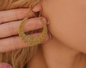 Brass Tribal Hoop Earrings | Silver or Gold, Spirals & Geometric Design
