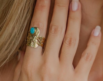 Statement Brass Ring with Stone | Boho Oriental Ethnic Ring | Adjustable Brass Jewelry | Tribal Brass Ring Golden or Silver Tone