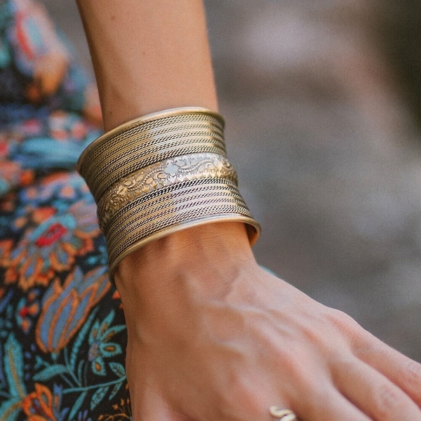 Brass Curved Ethnic  Cuff Bracelet || Engraved Bohemian Adjustable Wide Cuff Bangle || Ethnic Jewelry || Boho Jewelry