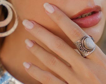 Boho Gemstone Ring, Adjustable Brass Ring, Handmade Gypsy Jewelry, Bohemian Statement Ring, Spiritual Crystal Ring