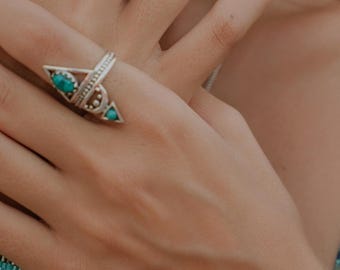 Geometric Brass Statement Ring | Tribal Boho Adjustable Ring | Handmade Sacred Geometry Jewelry | Artisan Stone Ring