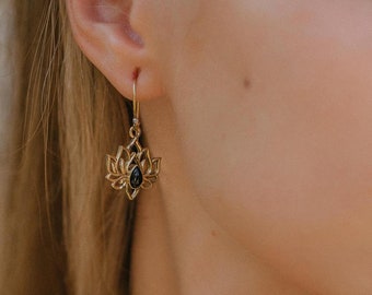 Tiny Lotus Dangling Earrings With Semi Precious Stones || Bohemian Chic Ethnic Gemstone Earrings || Mytic Jewelery With Meaning
