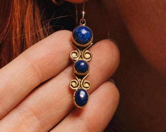 Golden Dangling Earrings 3 Stones || Elongated Ethnic Earrings || Gemstone Earrings