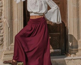 Burgundy Viscose Medieval Skirt: Ren Fair V-Belt Corset, Boho Petticoat