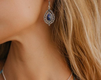 Ethnic Dangle Earrings With Gemstones || Drop Shape Brass Earrings With Natural Stones || Medieval Openworked Semi Preciouse Stones Earrings