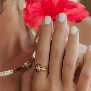 Adjustable Boho Brass Ring With Semi Precious Stone || Celtic Inspired Ring With Natural Stone || Golden Ethnic Ring With Round Stone