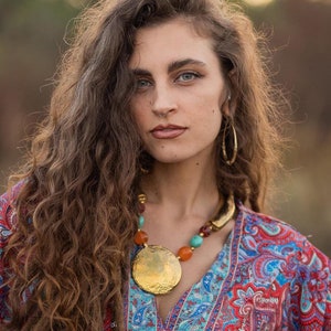 Ethnic Chunky Necklace, Tribal  Golden Pendant Necklace, Bohemian African Style Necklace