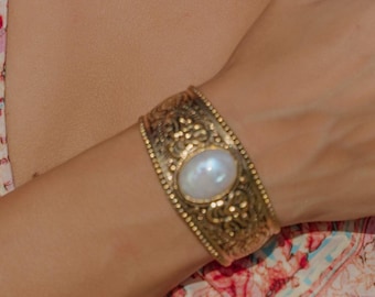 Engraved Ethnic Medieval Bohemian Brass Adjustable Cuff Bracelet with Large Natural Gemstone Cabochon and Intricate Floral & Swirl Motifs