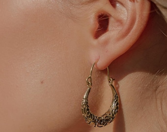 Thick Brass Bohemian Hoop Earrings ||  Floral Engraved Tribal Style Hoops || Ethnic Statement Brass Hoop Earrings