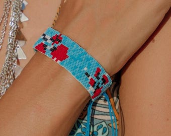 Sakura Flower Woven Seed Bead Bracelet | Adjustable Sliding Knot | Japanese Cherry Blossom Beaded Bracelet | Handmade Boho Jewelry